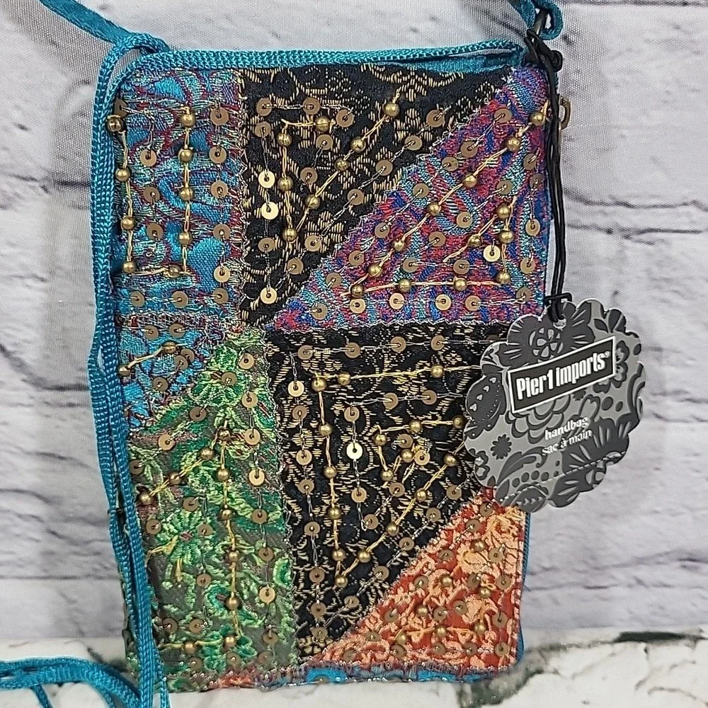 Pier 1 Imports Handbag Sequined Patchwork Boho Cellphone Clutch Made‎ In India